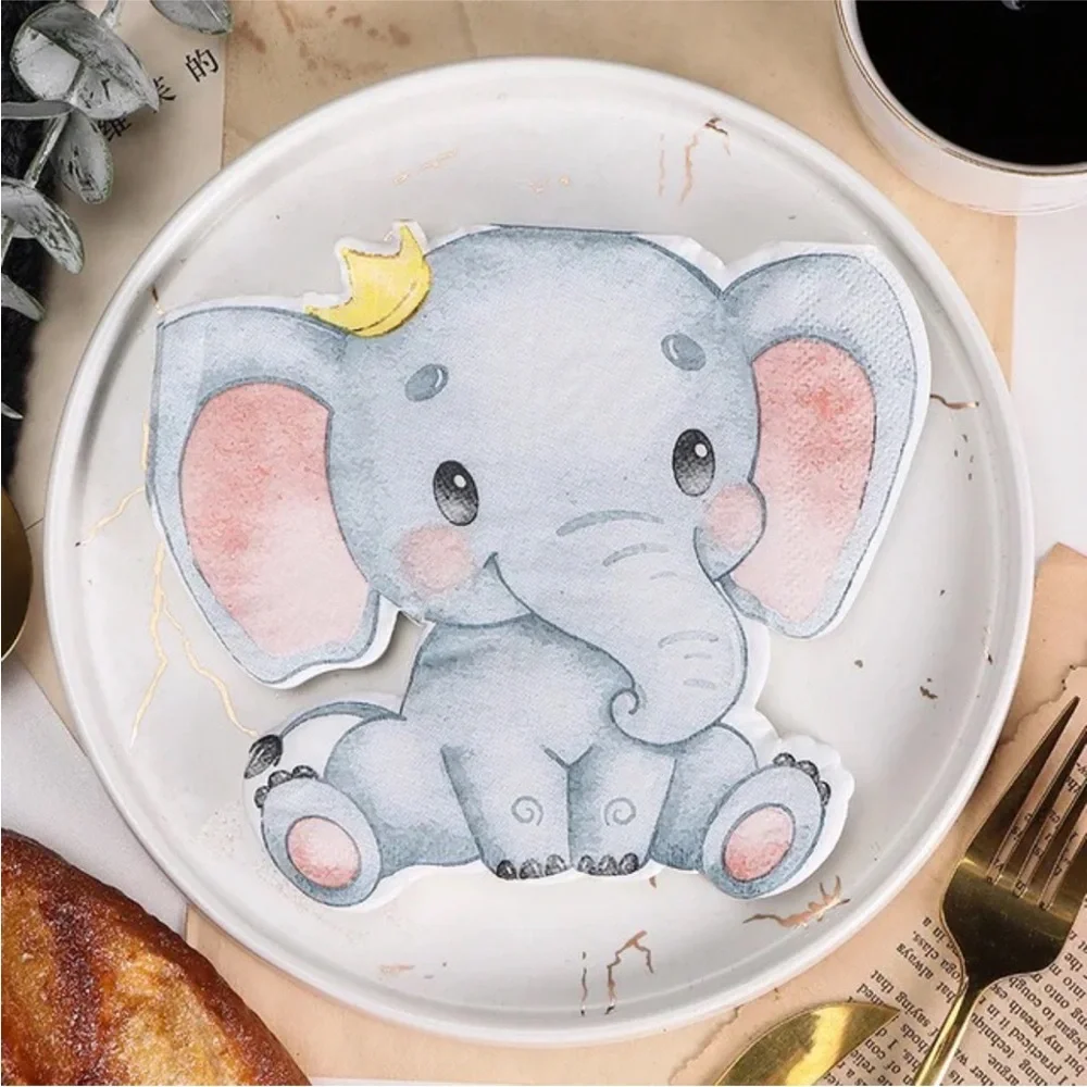 Baby Elephant Shaped Large Paper Napkins for Boy or Girl Baby Shower, 20 ct